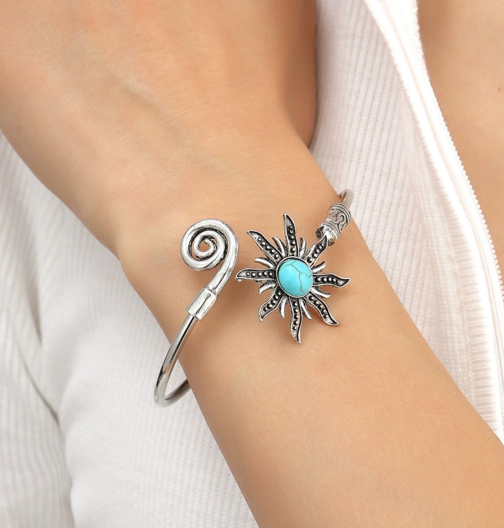 Retro Turquoise Inlay Sunflower Silver Plated Alloy Fashion Open Bracelet