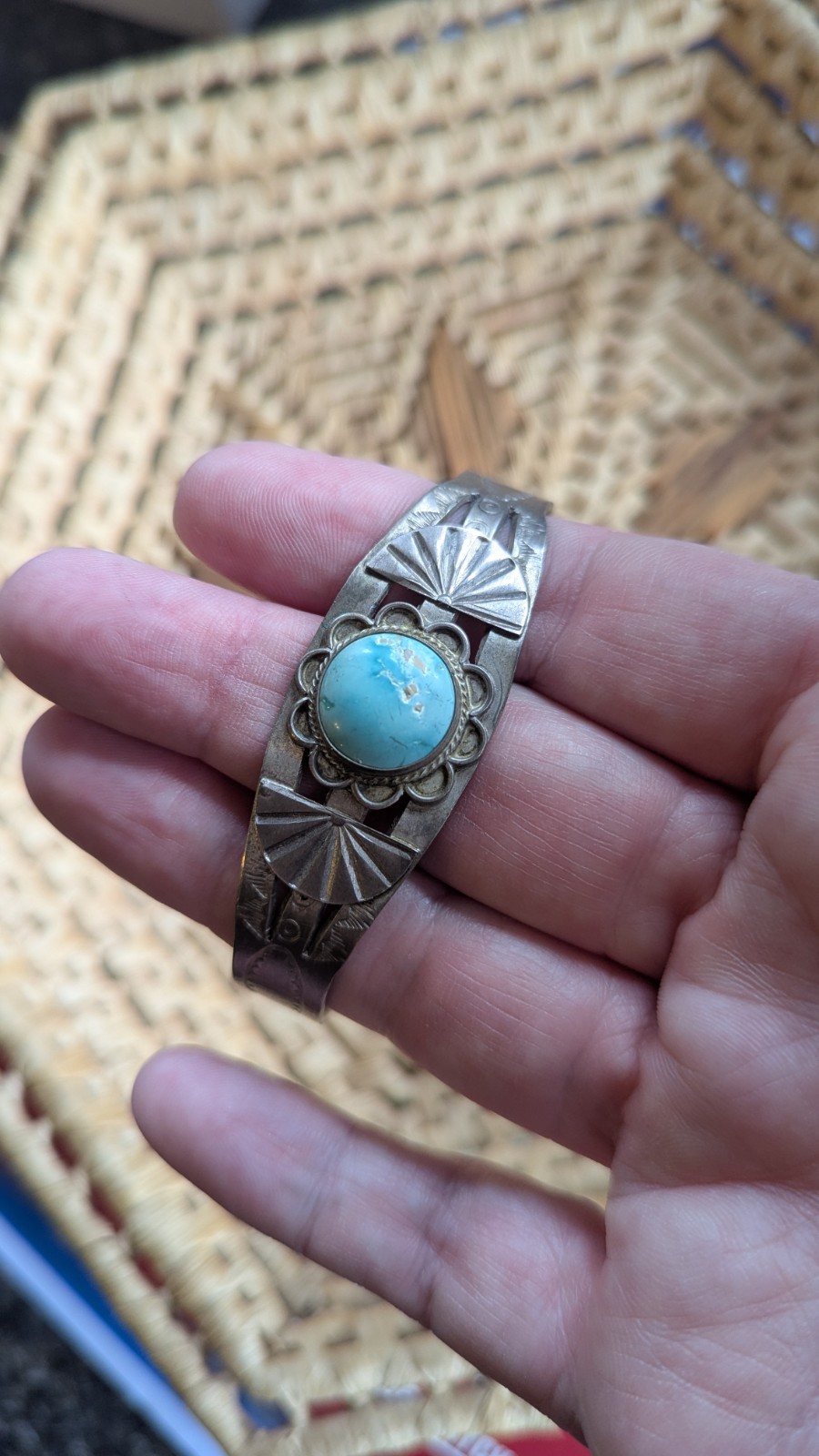 Vtg Fred Harvey Era Sterling Silver Native Turquoise Cuff 7″