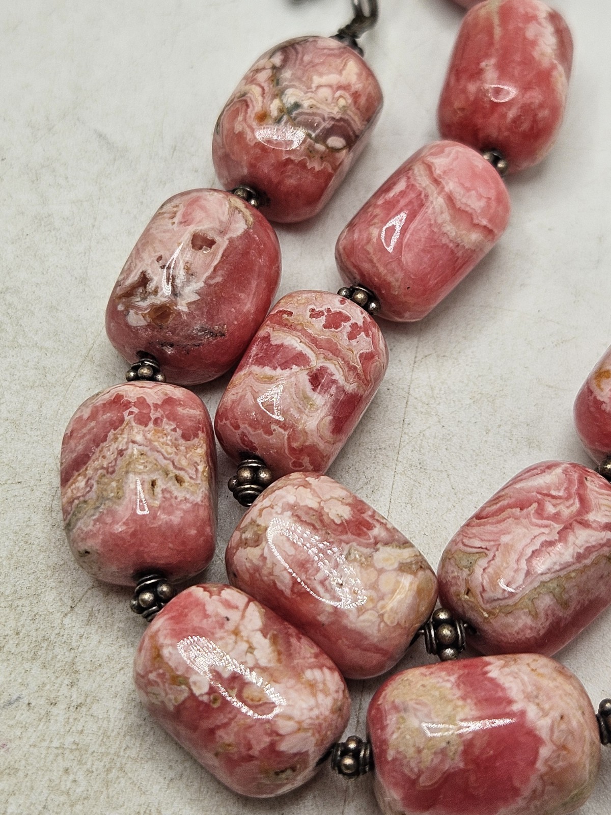 Hand Crafted Rhodochrosite Chunky Beaded Statement Necklace W/ Sterling…