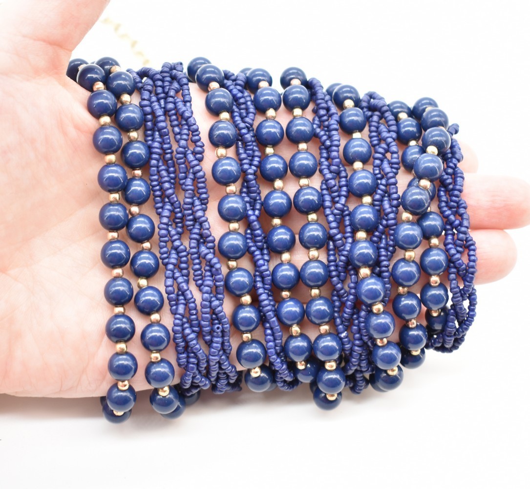 Gold-P Multi-strand Slate Blue Bead & Braided Navy Seed Bead Chain Bib Necklace