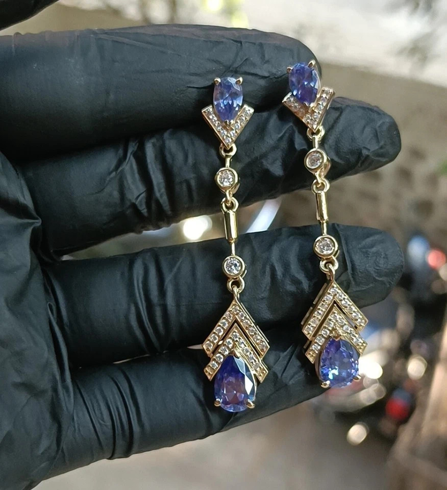 3.00 Ct Pear Cut Natural Tanzanite Drop/Dangle Earrings 14k Yellow Gold