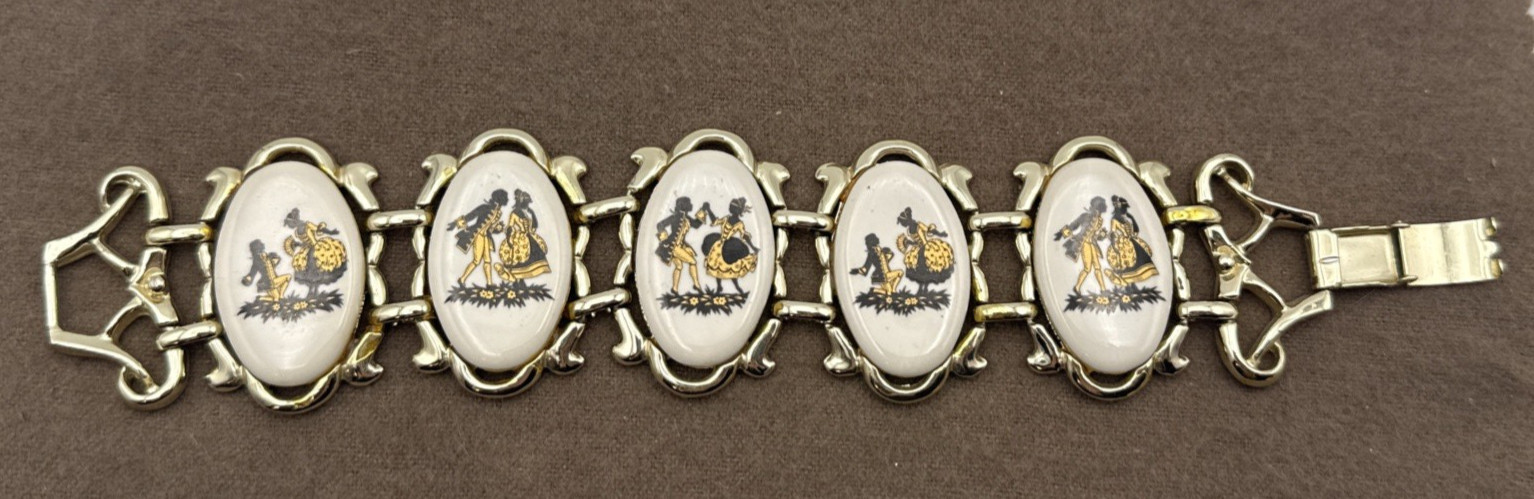 Vintage Countess Porcelain Courting Couple Bracelet Black Gold on White