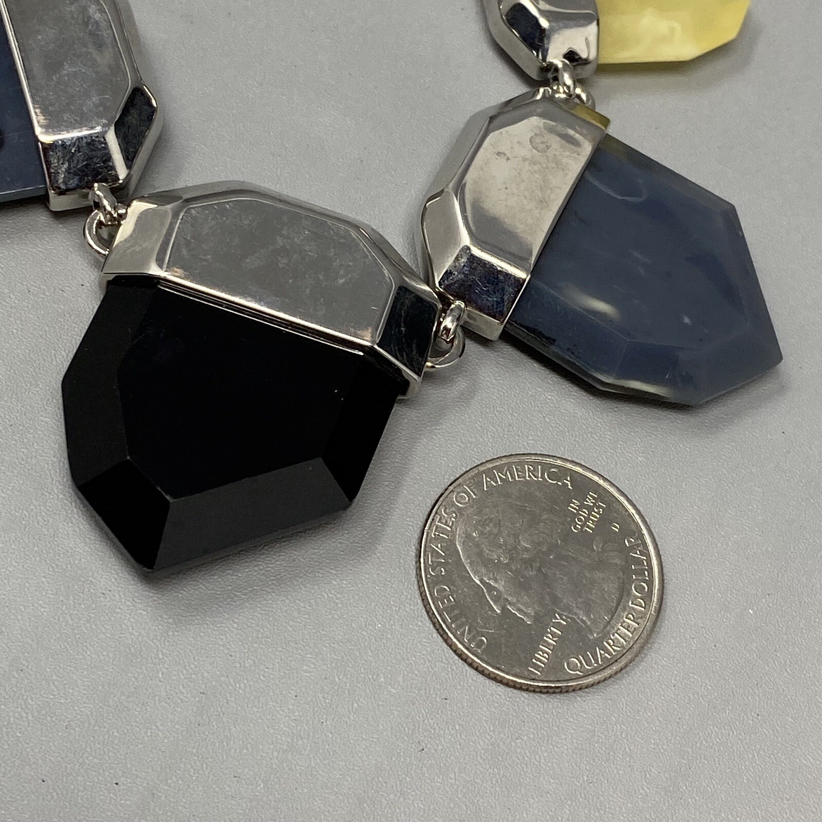 Designer Necklace Gray Black Yellow Faux Stone Acrylic French Connection Chunky
