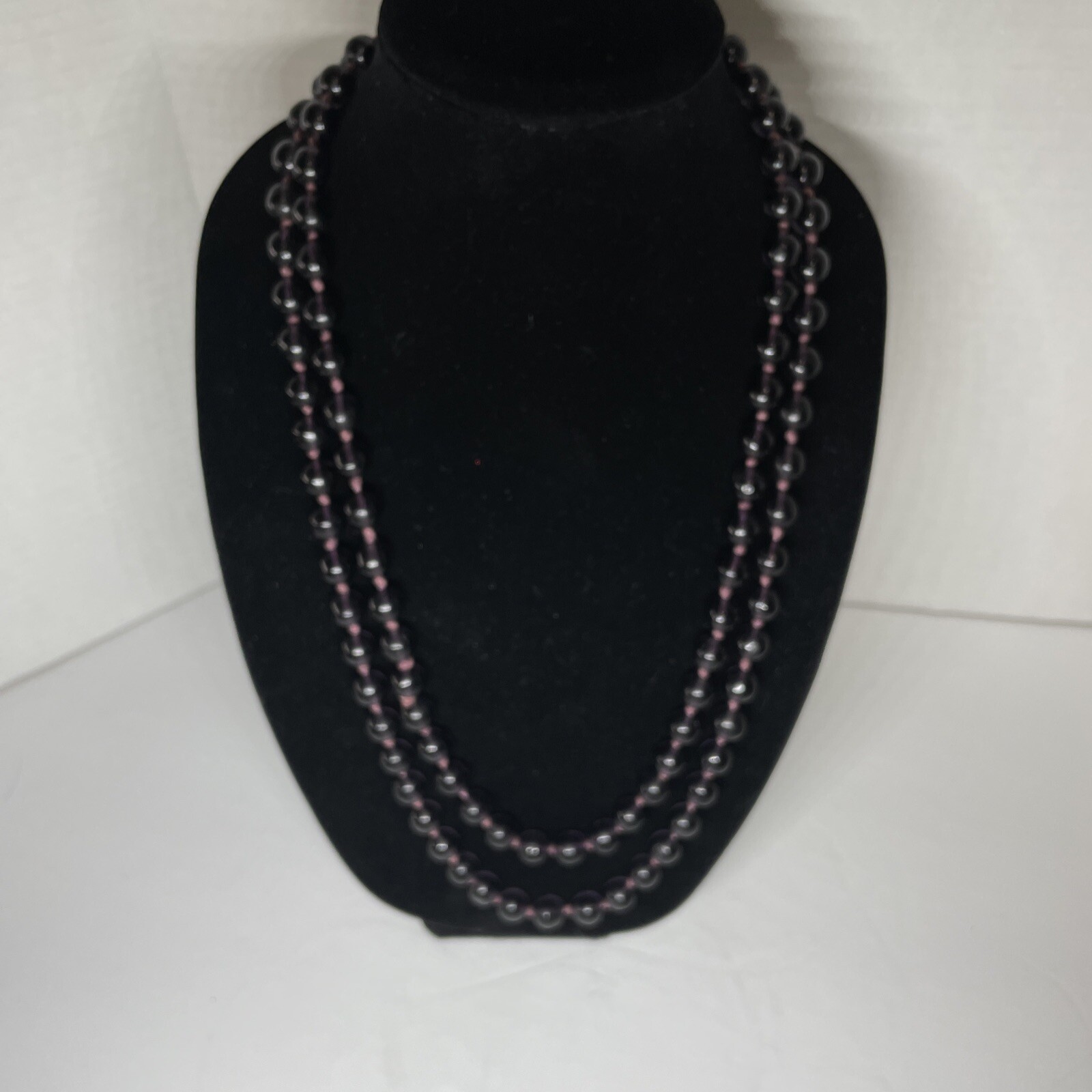 Vintage Deep Purple Chinese Glass Hand Knotted Round Bead Long Necklace 29”