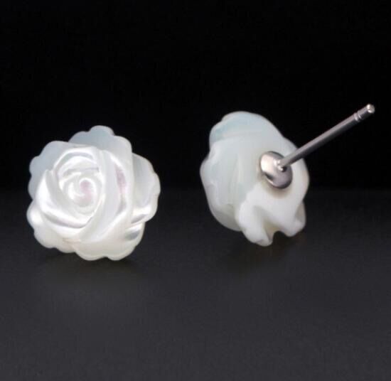 8/10mm Woman 925 Sterling Silver White Mother of Pearl Rose Flower Earring Stud