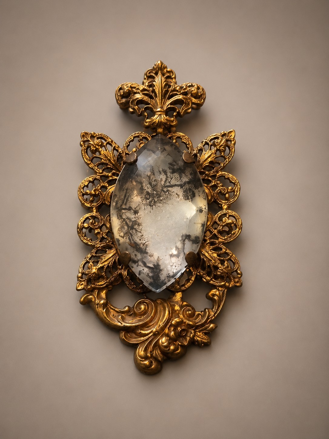 Gold Tone Filigree Brooch Pin, Oval Gray Stone, Asymmetrical Art Floral