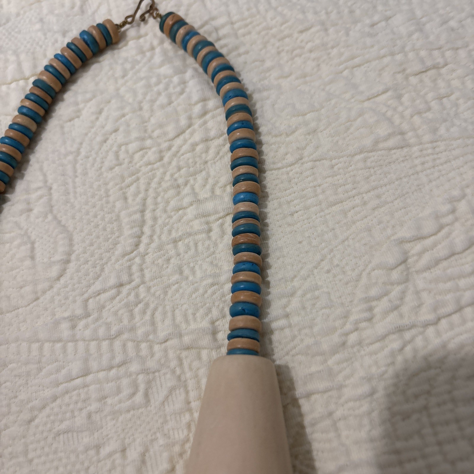 Vintage Exotic Boho Tribal Blue Beige Wood Beads Statement Necklace 26”