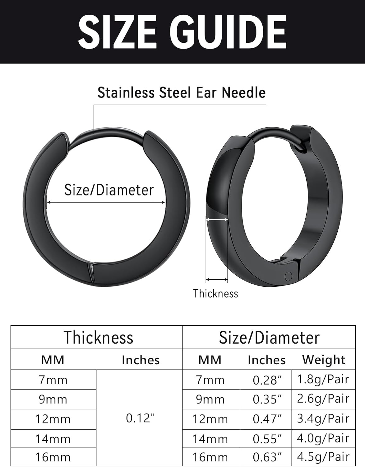 Stainless Steel Black/Silver/Gold Hoop Earrings for Men – Hypoallergenic Small H