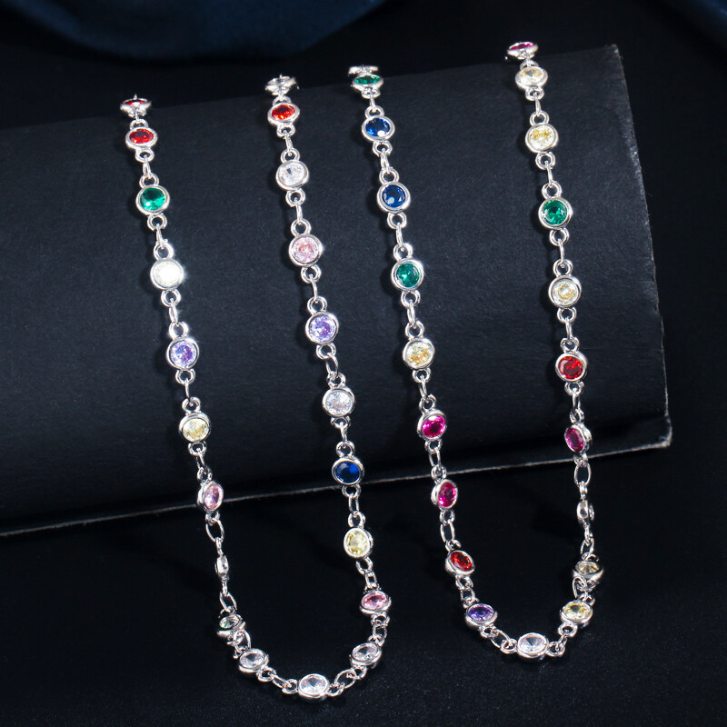 585 Gold Multicolored Round CZ Women Sweater Costume Long Chain Necklace Jewelry