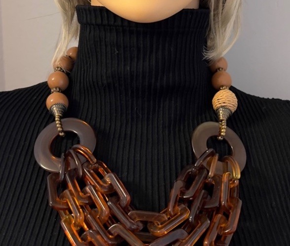 Brown Hues Metal Resin Raffia Beaded Chunk Acrylic Big Links Bib Necklace 24”