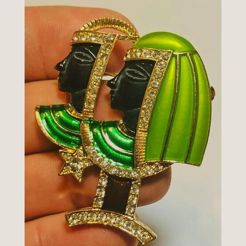 Vintage Style Egyptian Revival Cleopatra Pharaoh King Enamel & Crystal Brooch