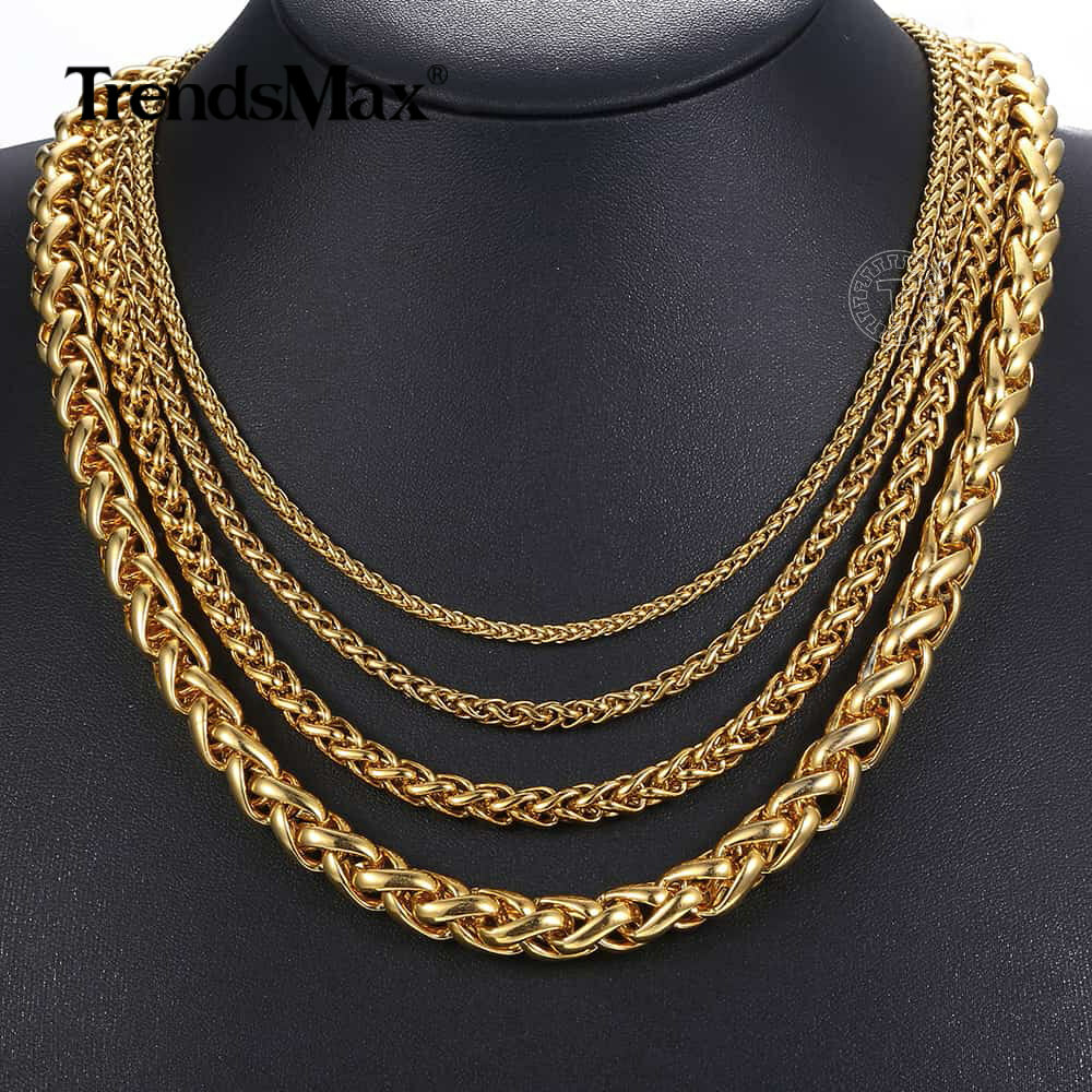 18K Gold Plated Stainless Steel Wheat Braided Chain Necklace Jewelry 3mm – 9.5mm