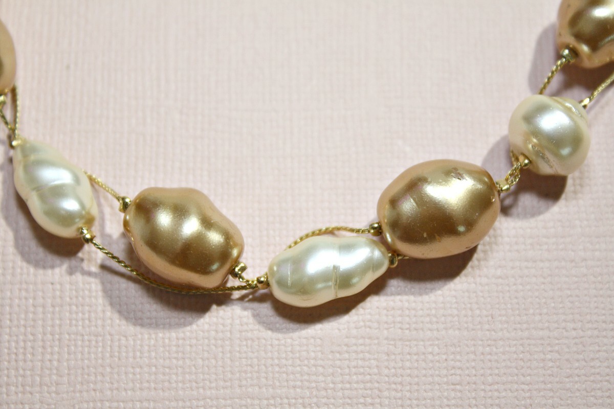 DABBY REID Signed 2 Strand Necklace Golden Chains Cream Beige Faux Pearl Beads