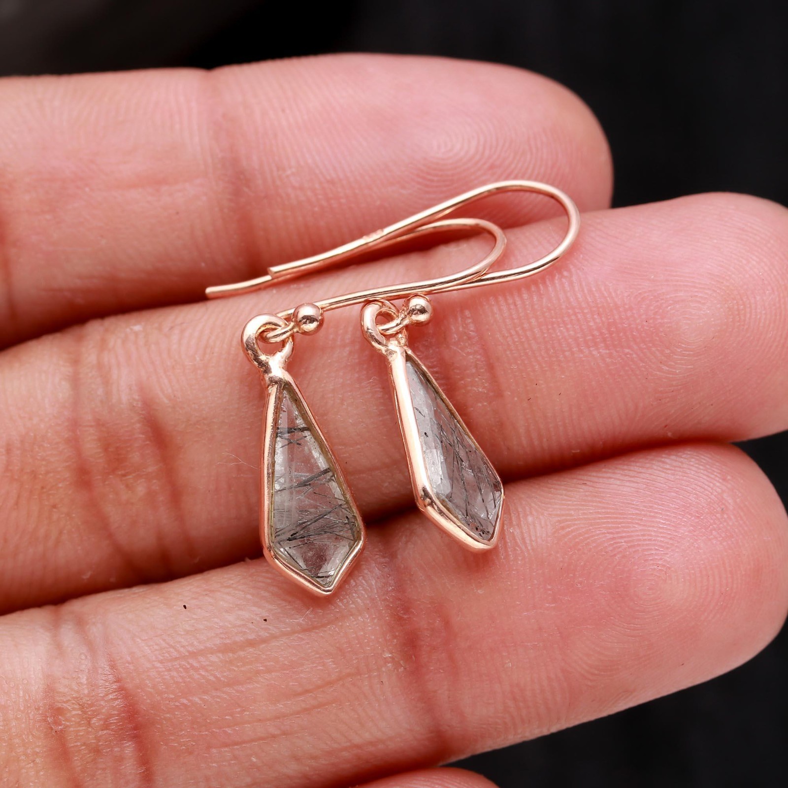 Natural Black Rutile Kite Dangle Earrings Rose Gold Plated Solid Silver Jewelry