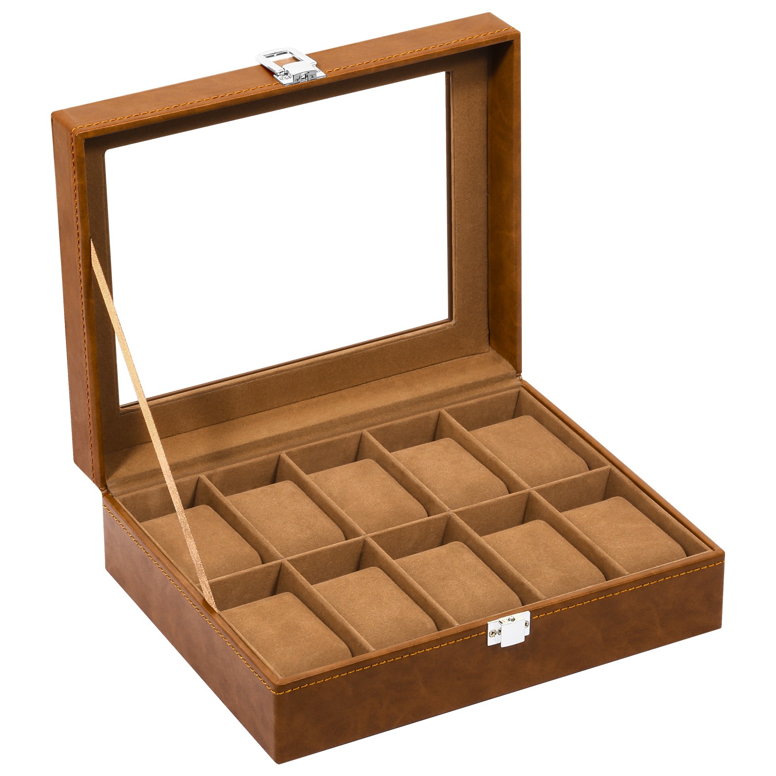 10 Slots Watch Box PU Leather Display Case Jewelry Organizer Box w/Glass Lid NEW