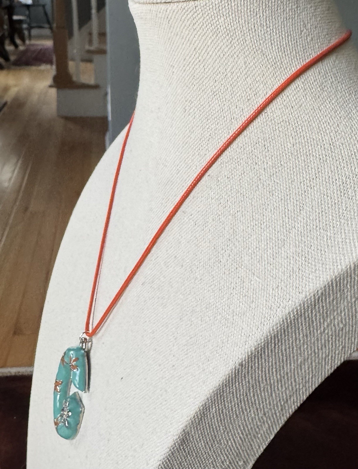 Vintage Floral Orange & Turquoise Enamel Letter G Pendant Leather Cord Necklace