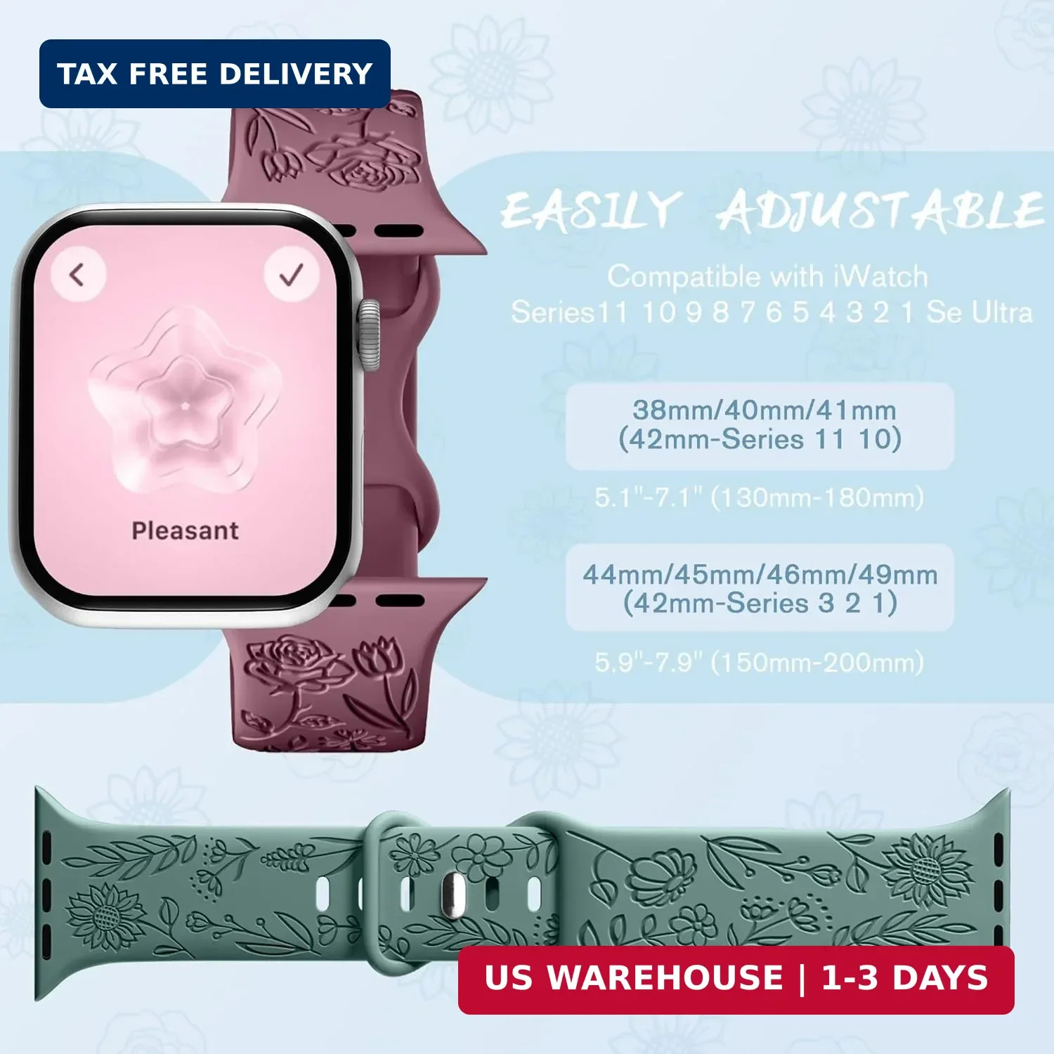 SNBLK 6 Pack Floral Engraved Bands Compatible with Apple Watch Bands 40mm 41mm 4