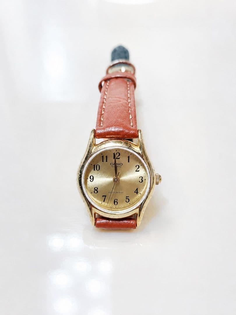 CASIO Quartz Watch, Gold Dial, Red Leather Strap NEW