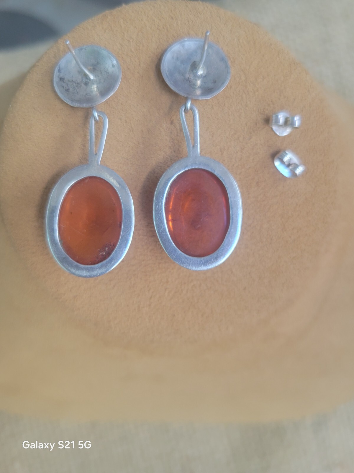 Susan Cummings 2″ Pierced Earrings Modern Silver & Amber McClure’s Nashville Tn