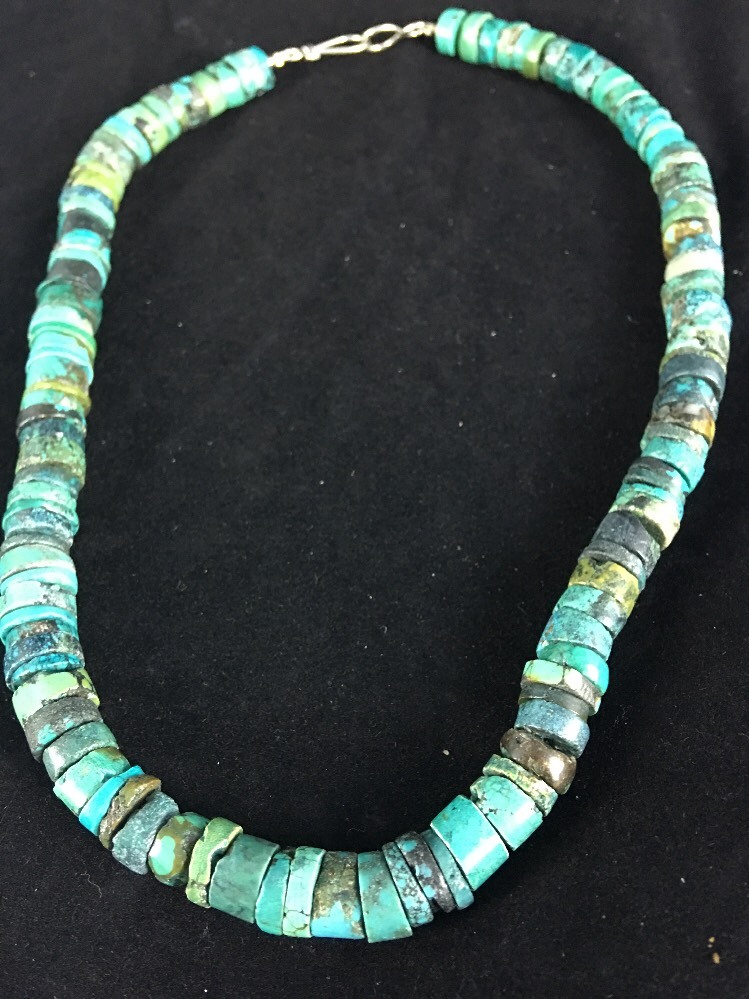 Blue Turquoise Bead 8mm Heishi Navajo Sterling Silver Necklace 20” 1135