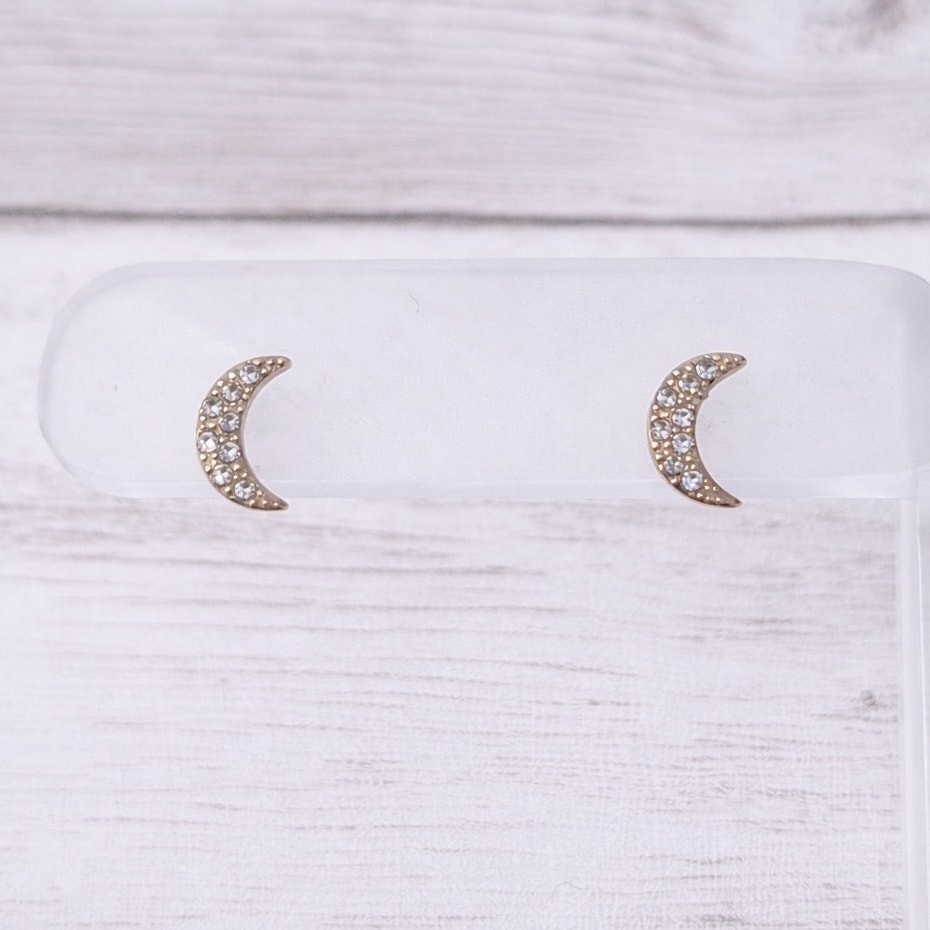 Stud Earrings Small Crescent Moon Shape with Clear Gems