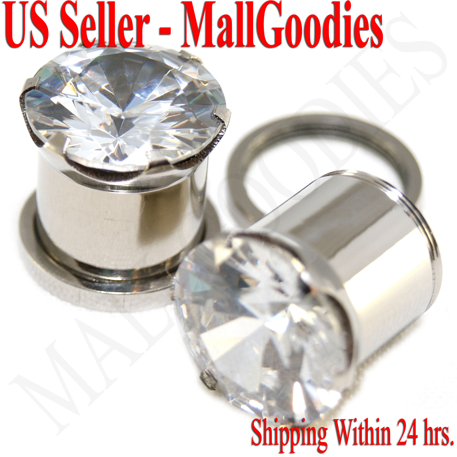 1261 Screw-on / fit Clear Solid CZ Prongs Ear Plugs Retainers 1/2″ Inch 12.7mm
