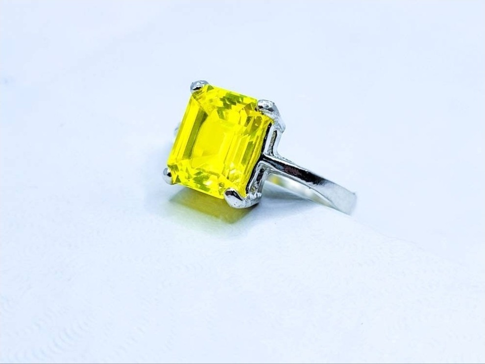 Sterling YAG Ring UV Yellow Yttrium Aluminum Garnet Emerald Cut Solitaire 925