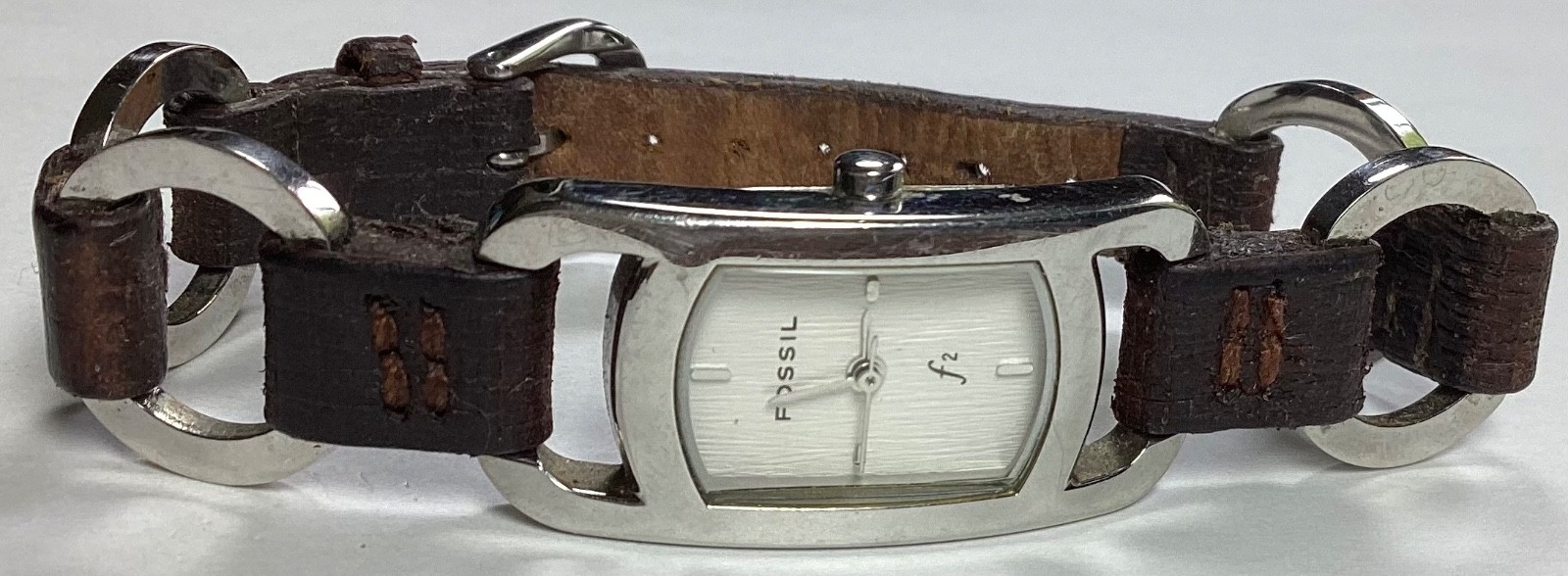 Fossil F2 Silver Tone Watch ES-9516 Brown Leather & SS Band WR 30M New Battery