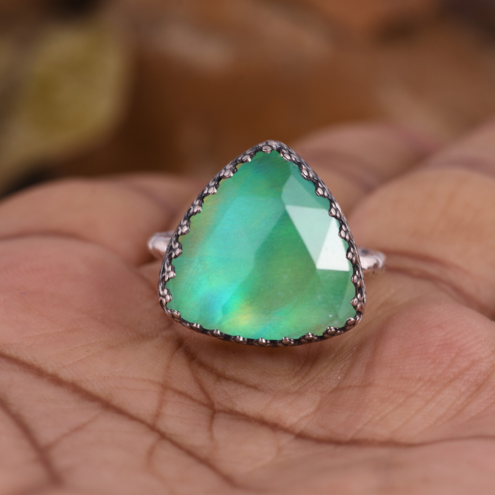Trillion Aurora Opal Chunky Ring in Sterling Silver For Every Occasion Gift Her