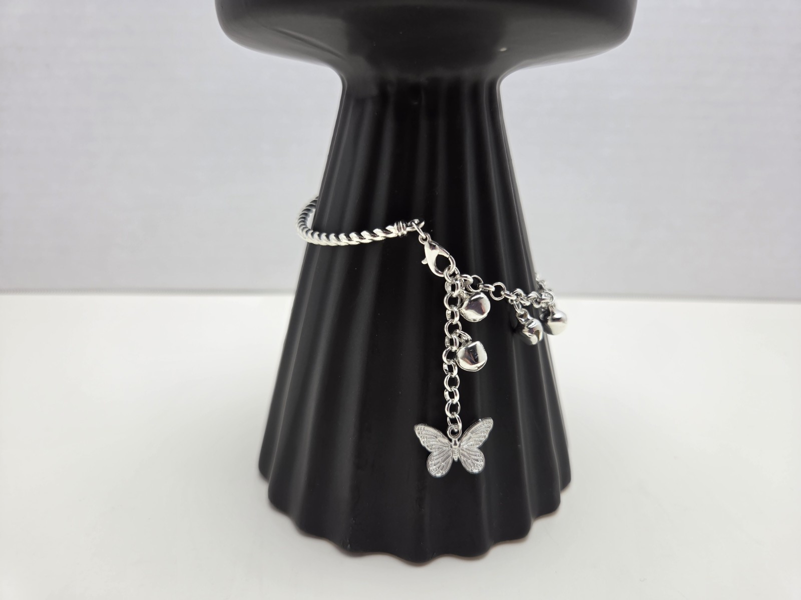 Silver Tone Cable Chain Bracelet, Butterfly Dangle Charm, Lobster Clasp, 8 in