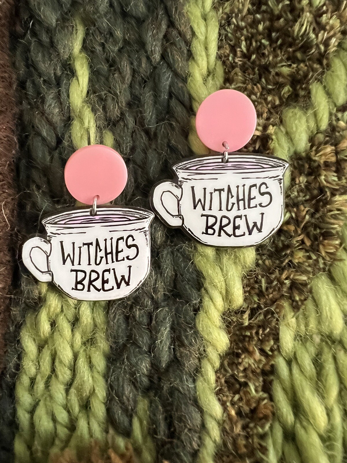 Pink & White Witches Brew Dangle Earrings- Cute Emo Witchy Earrings