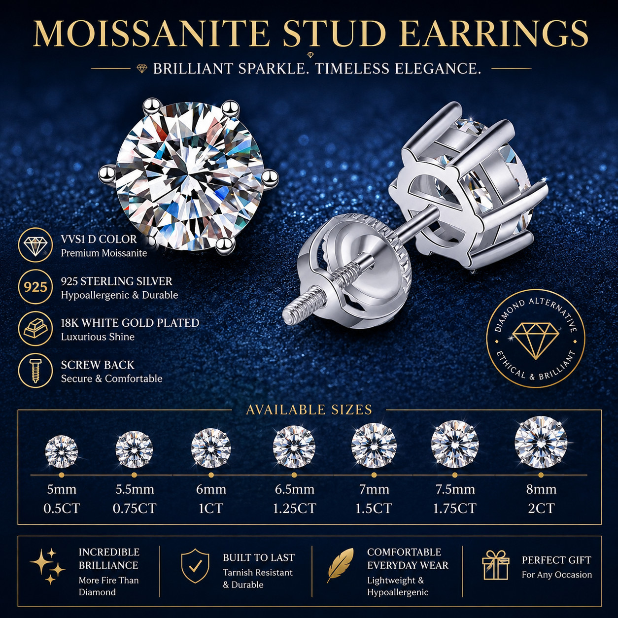 Moissanite Stud Earrings 18K Gold Plated VVS1 925 Sterling Silver Screw Back 5-8
