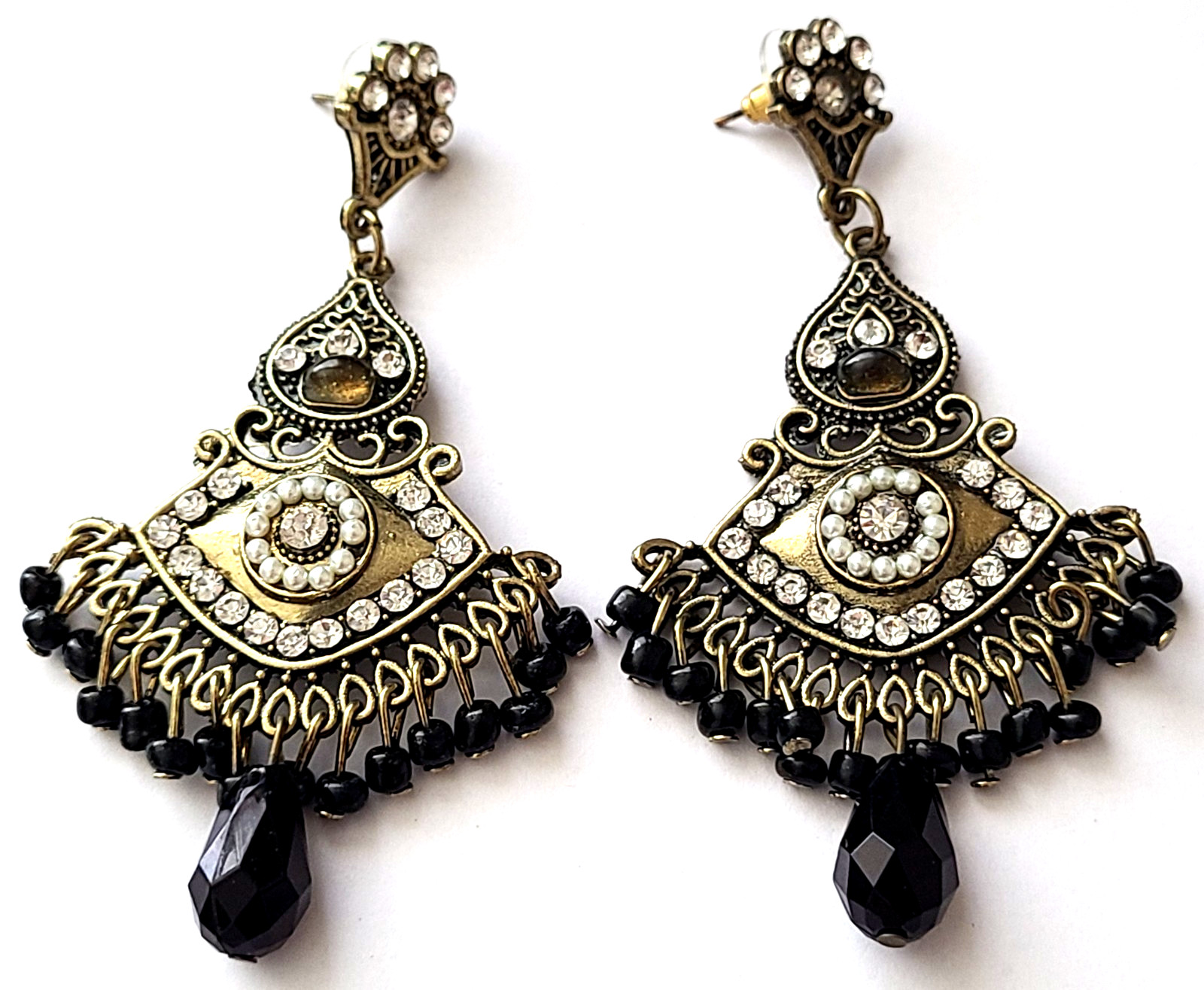 VINTAGE STUNNING GOLD TONE FAUX PEARL LUCITE CLEAR CRYSTAL PIERCED EARRINGS