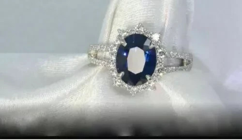 4.60 Ct Oval Natural Sapphire & Diamond Wedding Ring 14K White Gold Size 6