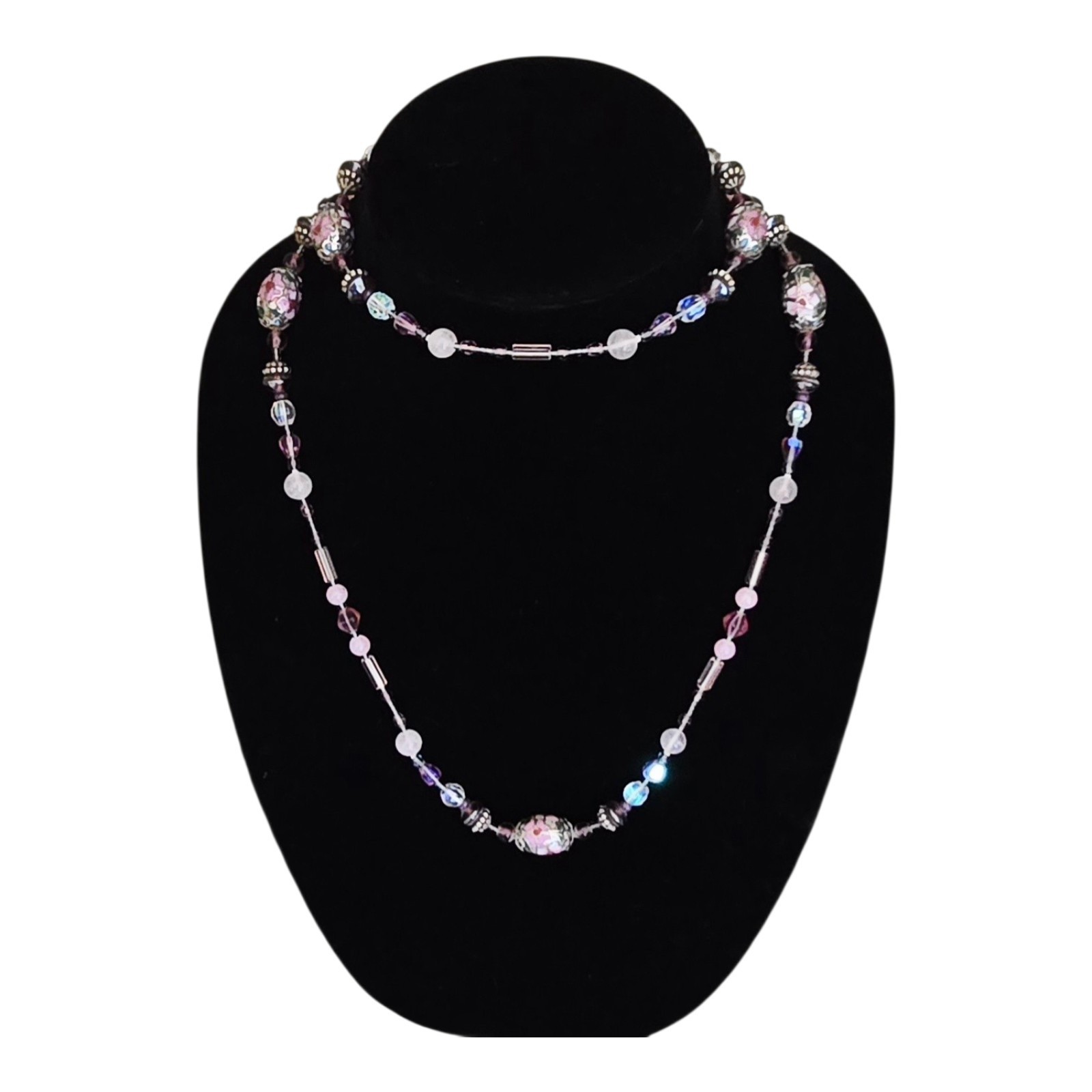 Vintage Pink Lampwork Art Glass Bead Necklace Rose Quarts Amethyst Accents 36″