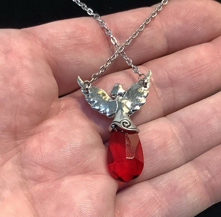Xanadu Designs Silver Tone Necklace &Praying Angel Pendant Red Swarovski Crystal