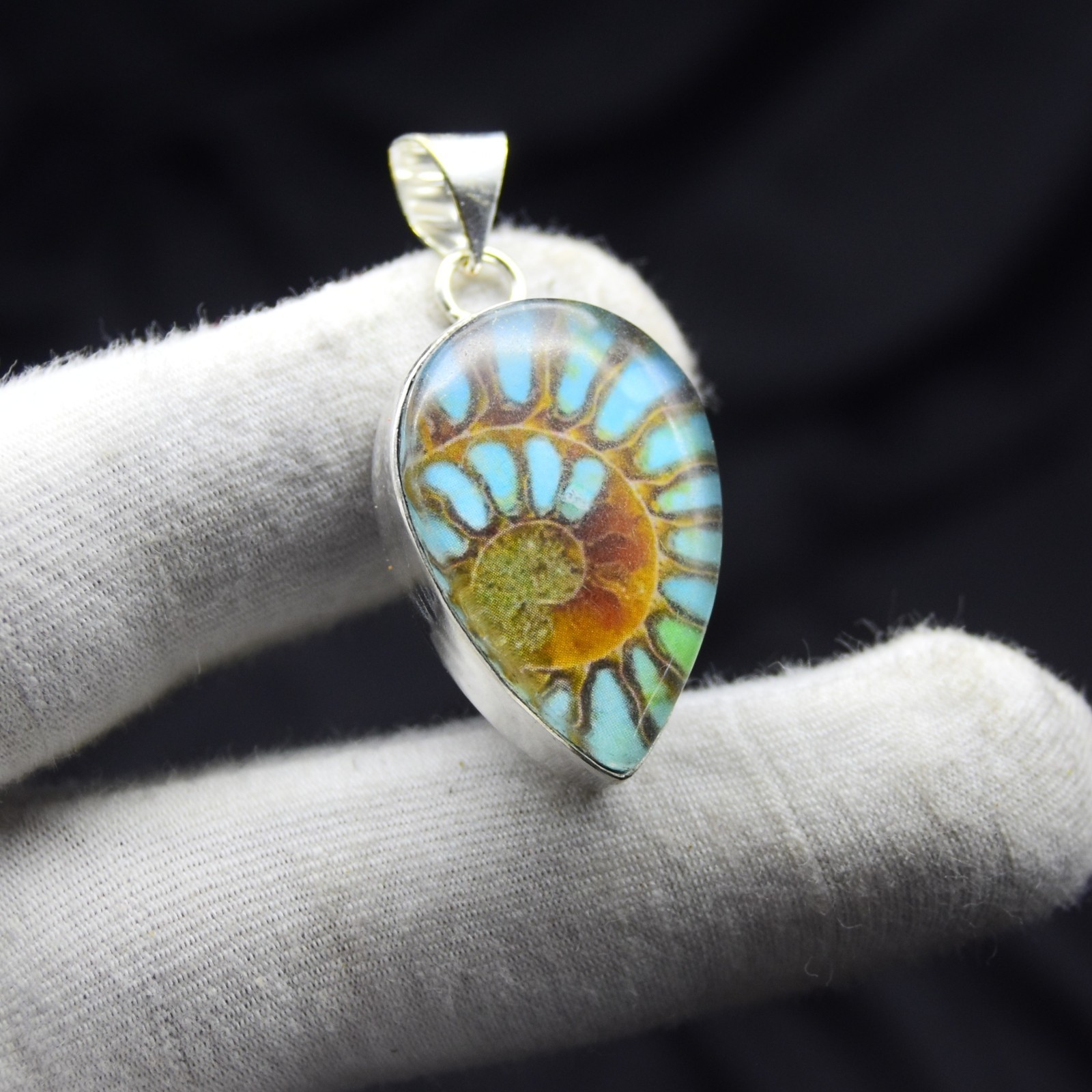 925 Sterling Silver Blue Ammonite Fossil Gemstone Pendant Handmade Jewelry Pear