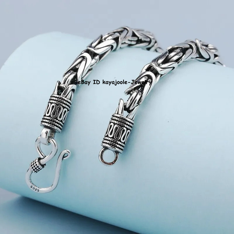 Pure S925 Sterling Silver Chain Men Women 4mm-7mm Byzantine Link Bracelet 6-9in