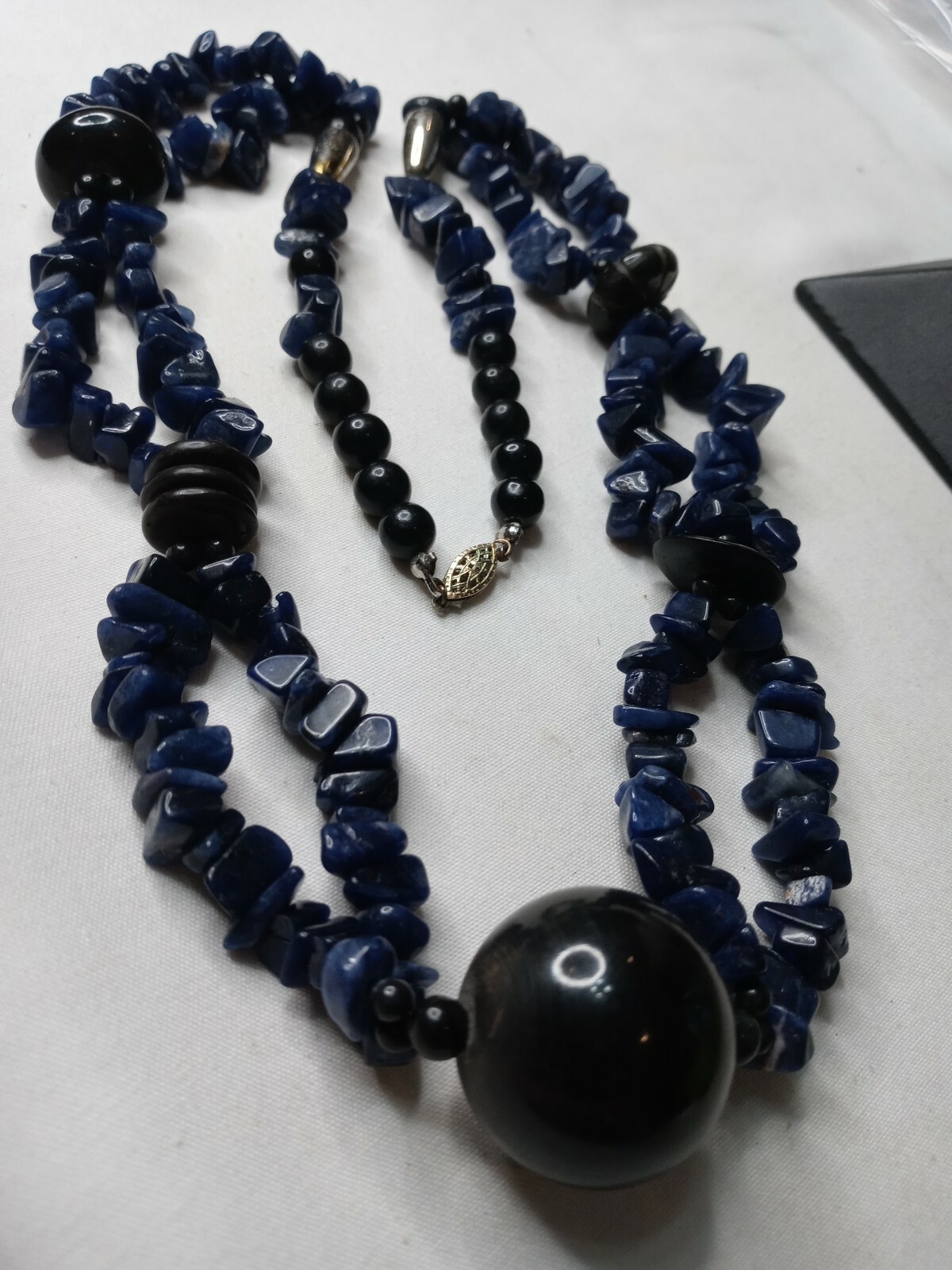 Vintage Lge Natural Blue Lapis/Black Onyx Beads Necklace 14/20K Gold Clasp #1217