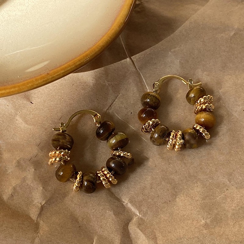 1 Pair Vintage Tiger Eye Stone Hoop Earrings Elegant Ear Clips Statement Jewelry