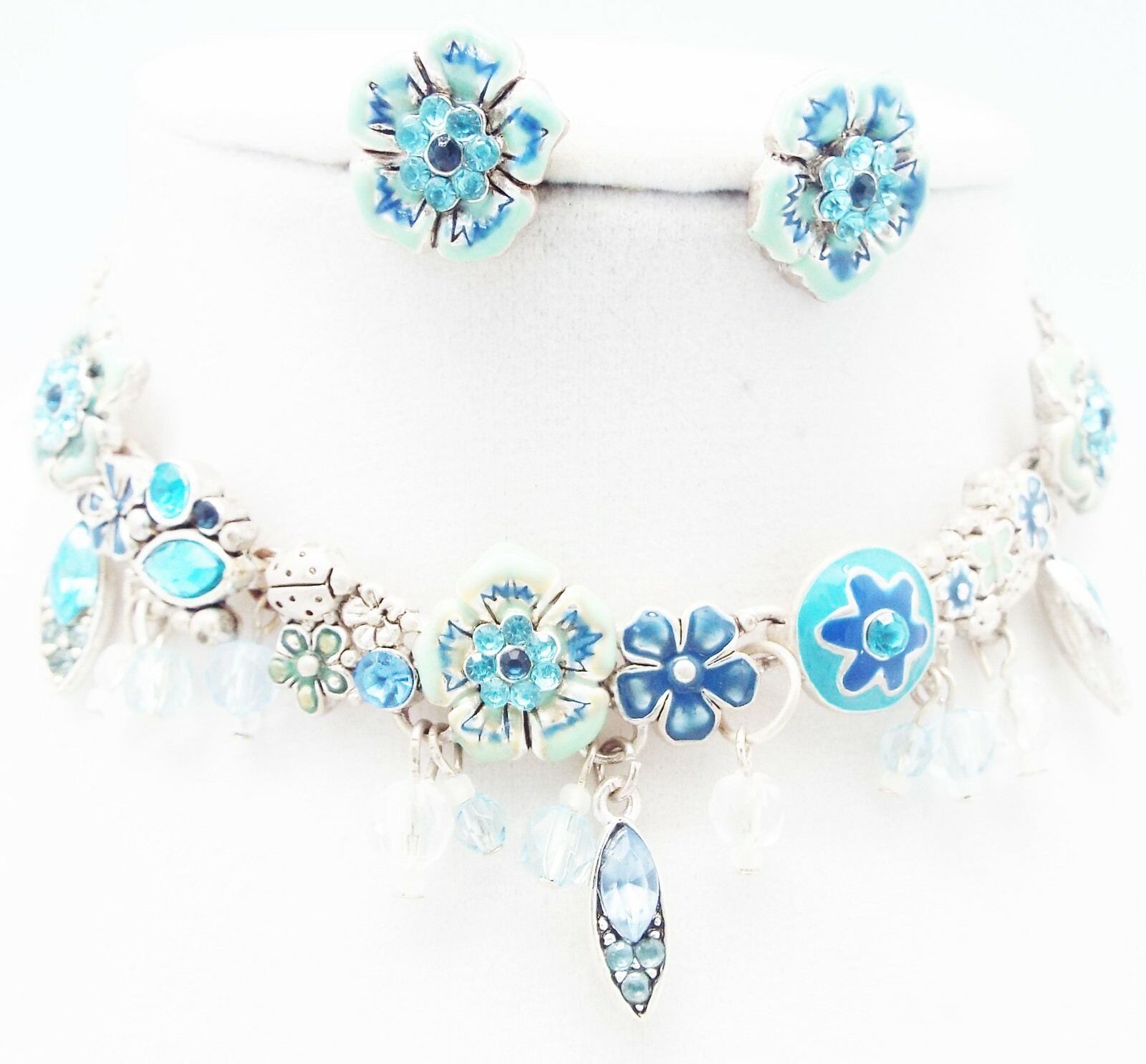 DESIGNER INSPIRED BLUE MULTI BUTTERFLY LADYBUG FLORAL ENAMEL SILVER JEWELRY SET