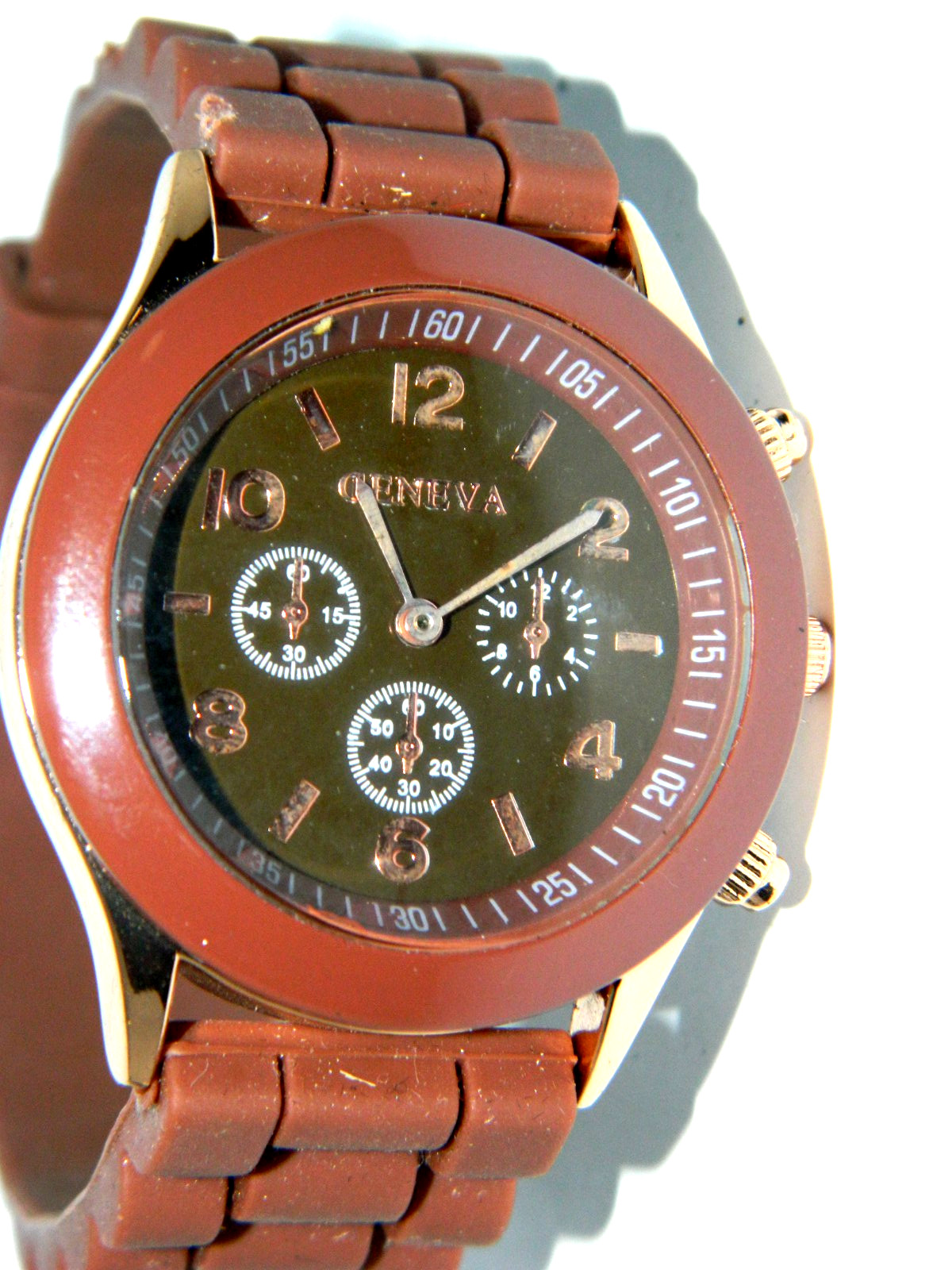 Geneva 3 pie eye Women’s 9.5″ Brown Watch Silicone Band /New Battery b150