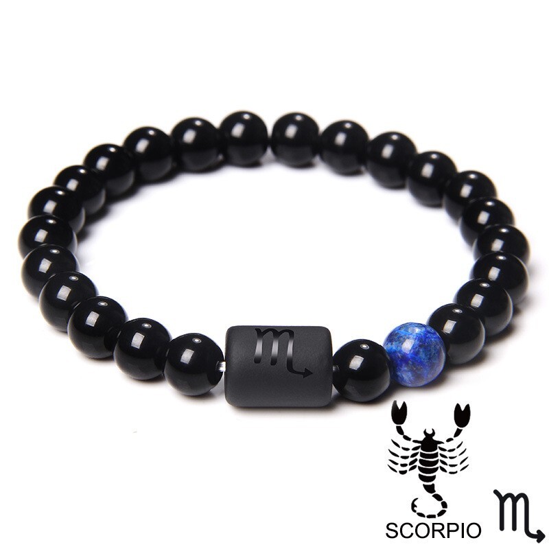 Zodiac Sign Natural Black Stone Beaded Elastic Stylish Bracelet Astrological