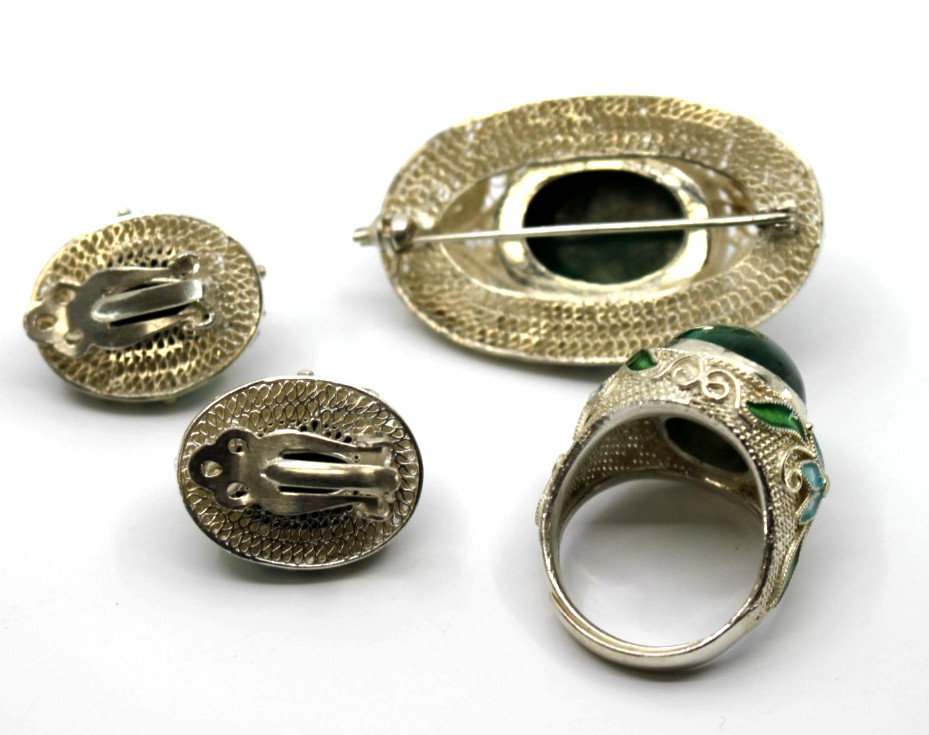 Vintage Chinese Export 925 Silver Enamel Malachite Brooch Earrings Ring Set