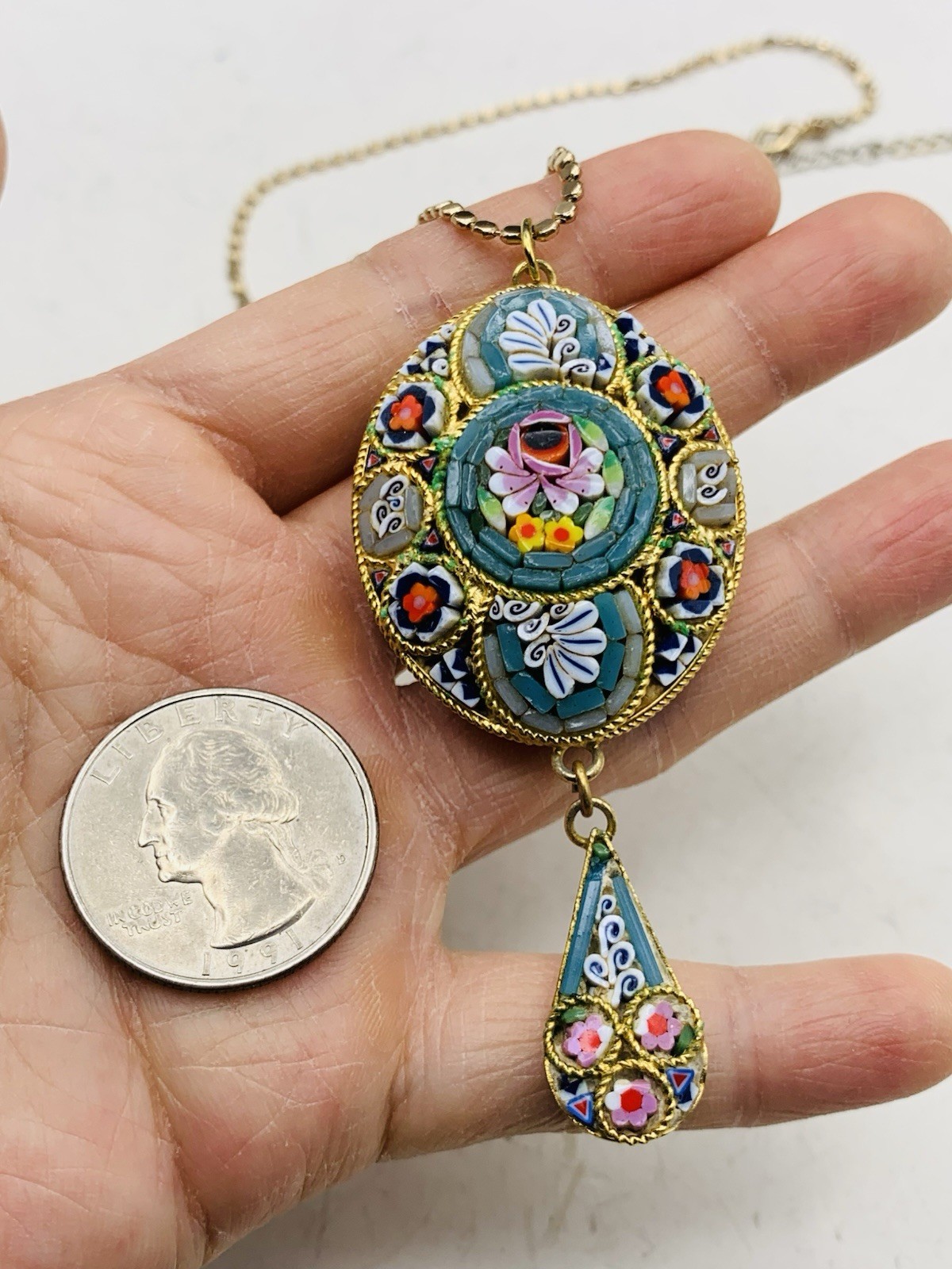 Vintage Colorful Boho Italian Micro mosaic Millefiori Floral Gold Tone Necklace