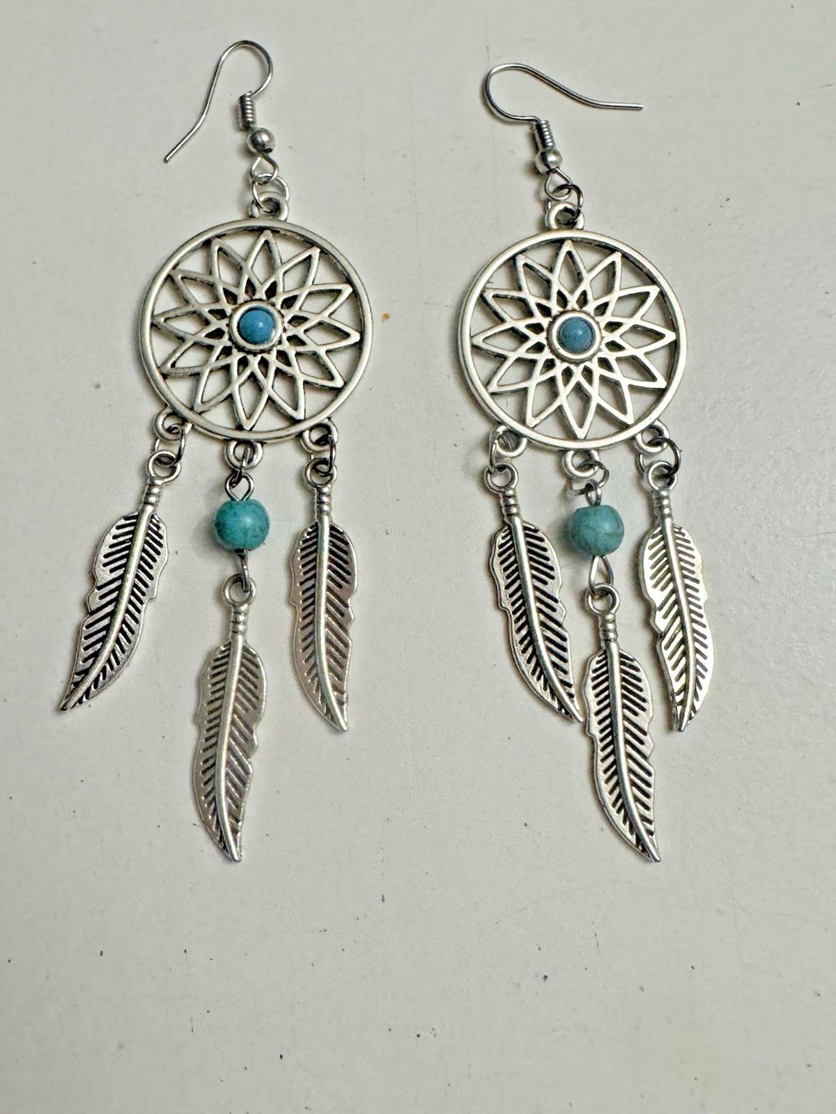 Southwestern-Style Dreamcatcher Dangle Earrings – Silvertone, 3.5 Inches