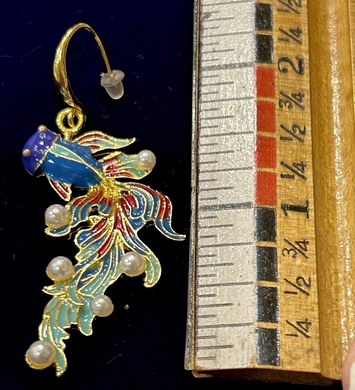 Colorful Enamel & Faux Pearl Goldtone Koi Fish Dangle Pierced Earrings, 2.5” New