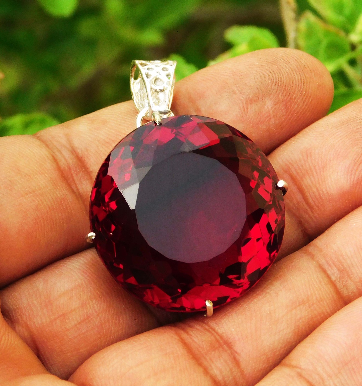 104.15cts. Natural Round Cut Madagascar Red Ruby Sterling silver Pendant