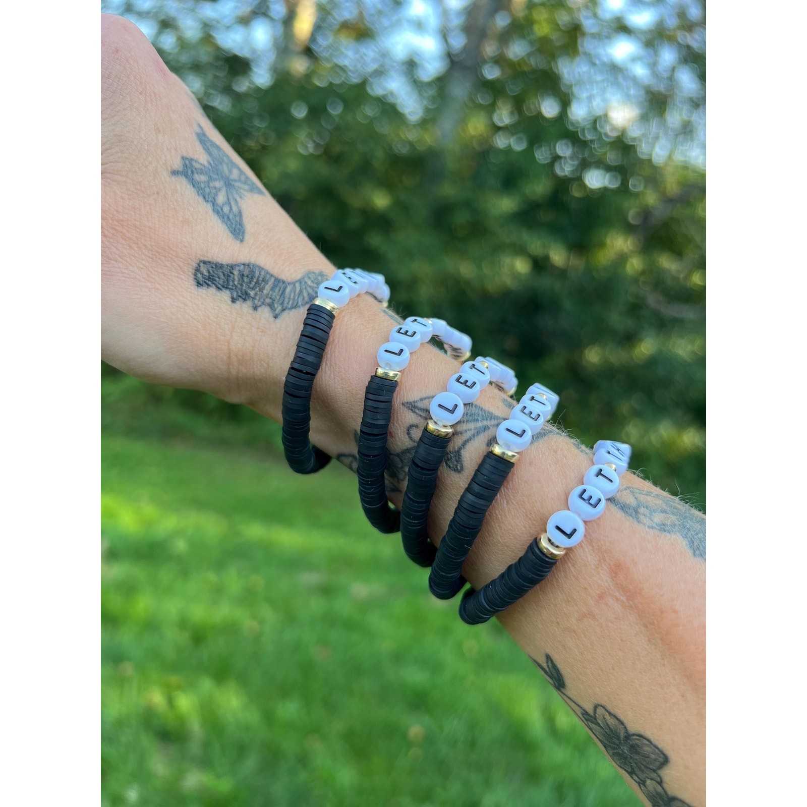 LET THEM BRACELET, black white gold, beaded stretch bracelet, inspirational