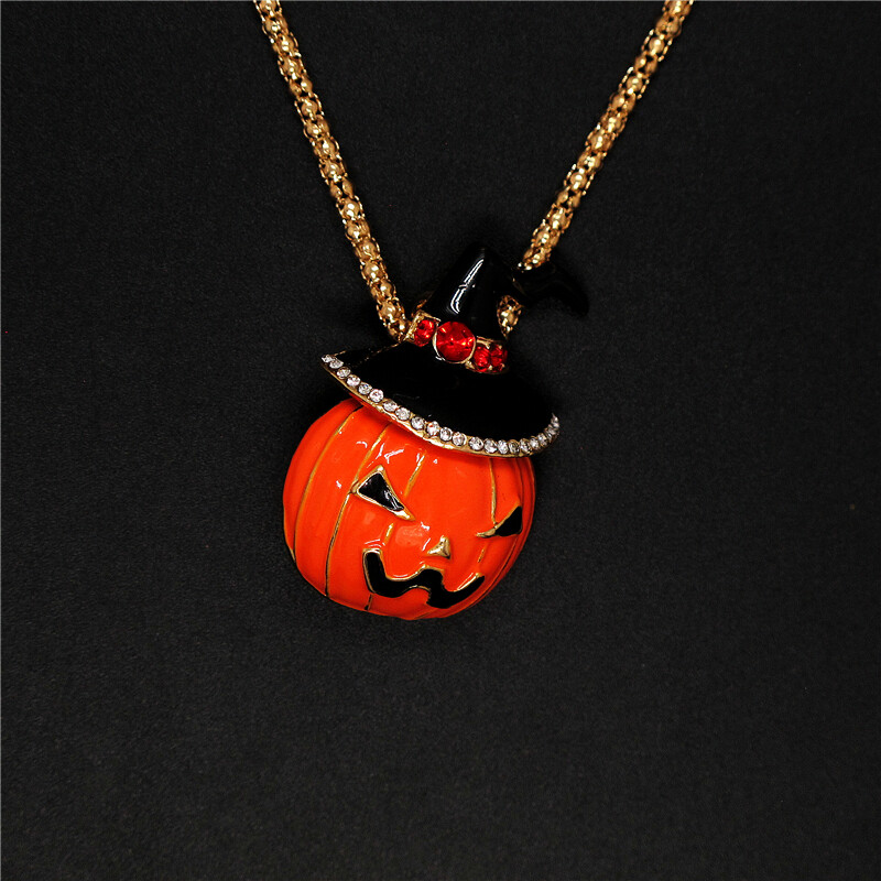 New Enamel Orange Halloween Hat Pumpkin Crystal Fashion Women Pendant Necklace